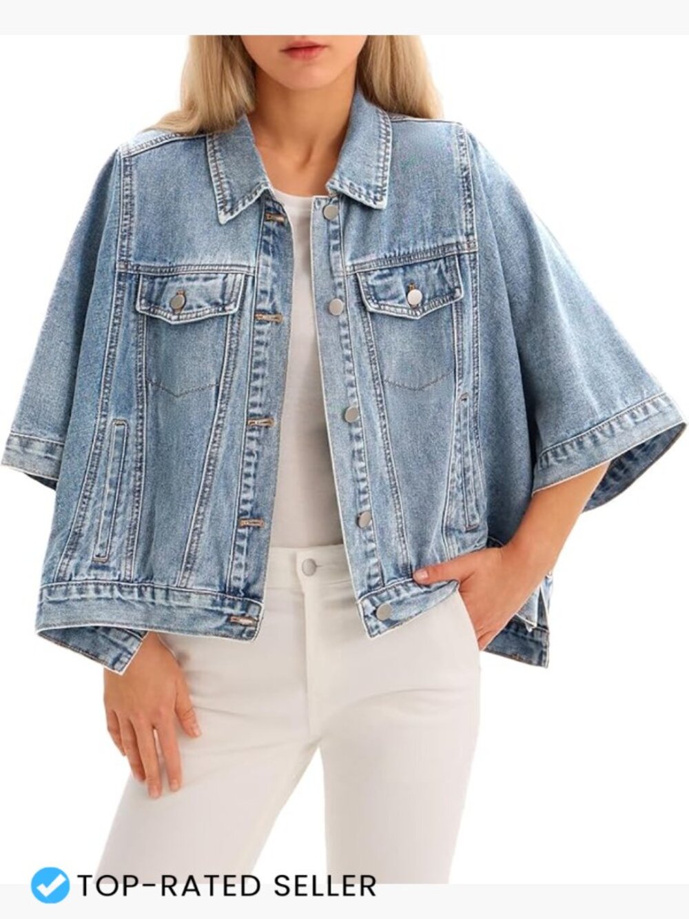 Oversized Cropped Denim Jacket Women Casual Cape Style Button Down Long Sleeve